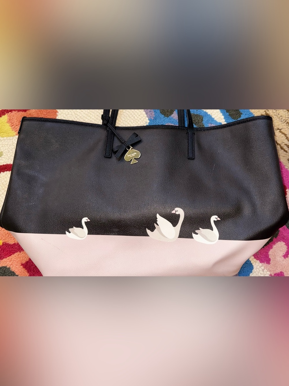 Kate Spade Black and Light Pink Swan Tote with Gold Spade Charm